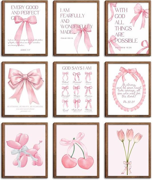 Pink Bows Bible Verse Christian Canvas Wall Art Set of 9, Trendy Posters Prints Wall Decor, Cute Coquette Preppy Girls Aesthetic Room Decor Gifts for Bedroom Living Room Home Decor 8x10inch Unframed