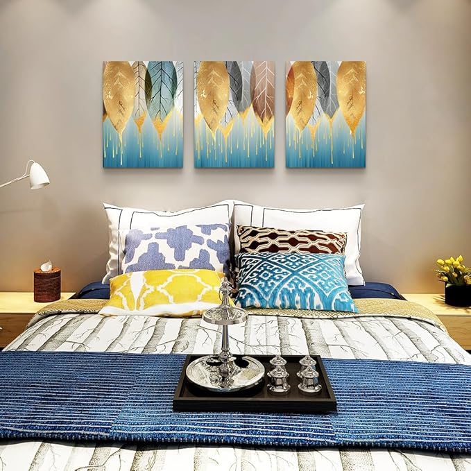 DZRWUBHS Fashion Golden Leaves Abstract Paintings Wall Art for Living Room Family Wall Decor for Bedroom Wall Decorations for Kitchen Canvas Art Hang Pictures Artwork Large Home Decoration 3 Pieces