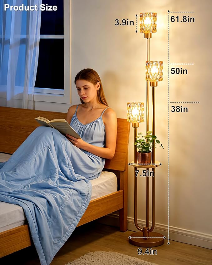 3-Light Modern Glass Floor Lamp with Shelf, Gold Tall Standing Lamp with Amber Flower Glass Shade, Industrial LED Floor Lamp with Foot Switch for Living Room Bedroom Home Decor, Bulb Included