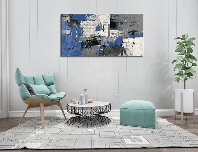 Blue Abstract Wall Art - Large Canvas Wall Art in Navy Blue and Black, Modern Gray Artwork for Living Room, Bedroom, and Office Decorations for Work - Modern Textured Wall Decor and Pictures 29" x 58"
