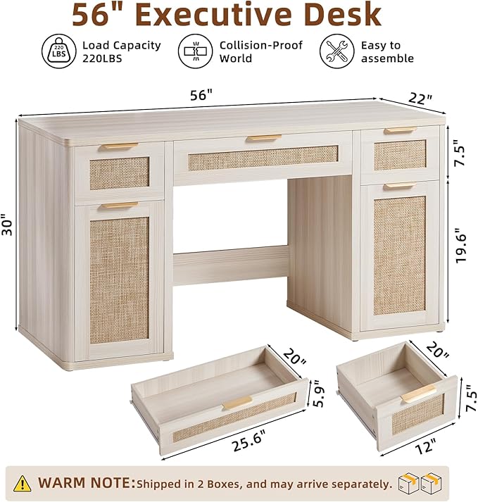 LEYAOYAO Office Desk 56" with 5 Drawers Storage File Cabinet Rattan Wood Desk for Computer Office Bedroom Home Furniture Light Gray