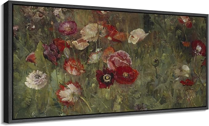 SIGNFORD Extra Large Framed Canvas Vintage Red and White Poppy Field Illustrations Modern Art Calm Warm for Living Room, Bedroom, Office - 60"x30"
