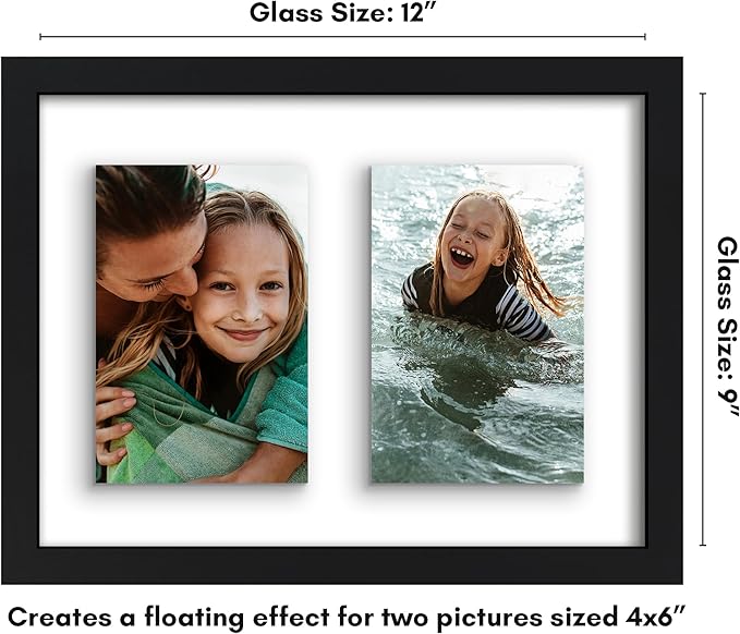 Americanflat 4x6 Double Picture Frame with Shatter-Resistant Glass - Fits Two 4x6 Photos or use as One 9x12 Picture Frame - Signature Collection - Collage Frames with Floating Effect for Wall - Black