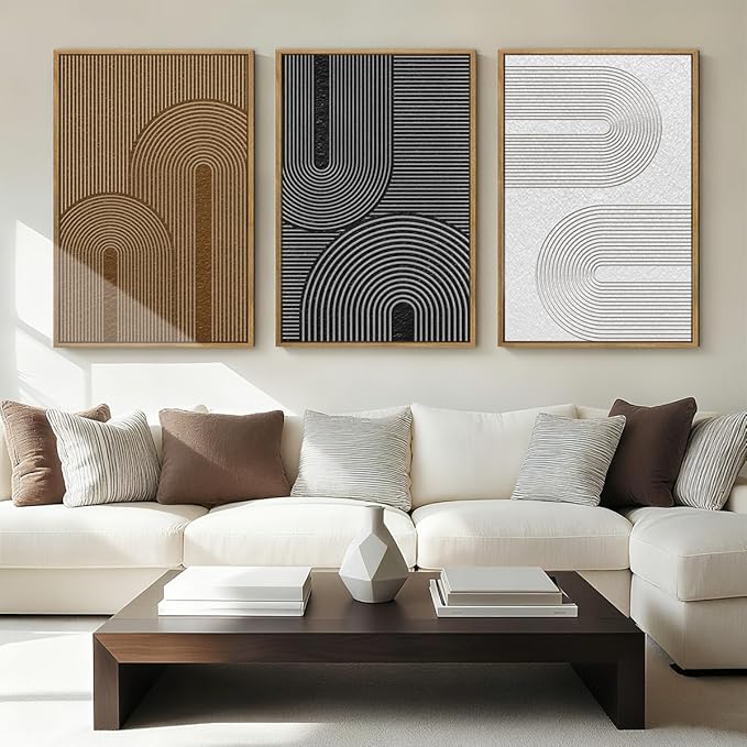 BINCUE Large Neutral Wall Art Framed,Dark Modern Abstract Canvas Wall Decor Boho,Minimalist Artwork Mid Century,Black Brown Geometric Painting for Home Living Room Bedroom Hallway 16''x24'' Set of 3