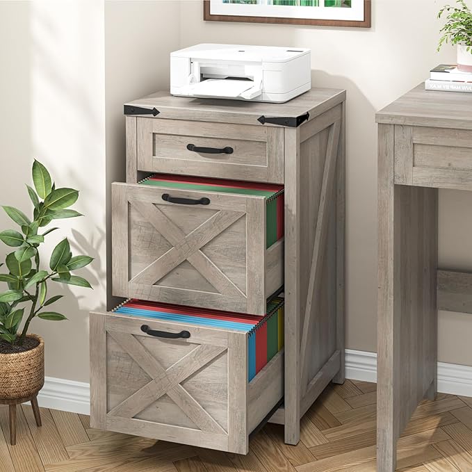 3 Drawer Small File Cabinet, Farmhouse Vertical Filing Cabinet Fits Letter/A4 Size, Wooden File Cabinets Printer Stand for Home Office, Living Room, Rustic Grey