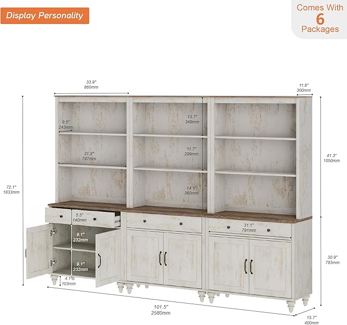 WAMPAT Set of 3 Rustic White Bookcase with Doors & Drawers, 5 Tier Bookshelf, 72'' Tall Book Case Shelf, Large Wood Bookcases Farmhouse Bookshelves for Living Room Bedroom Home Office Kitchen