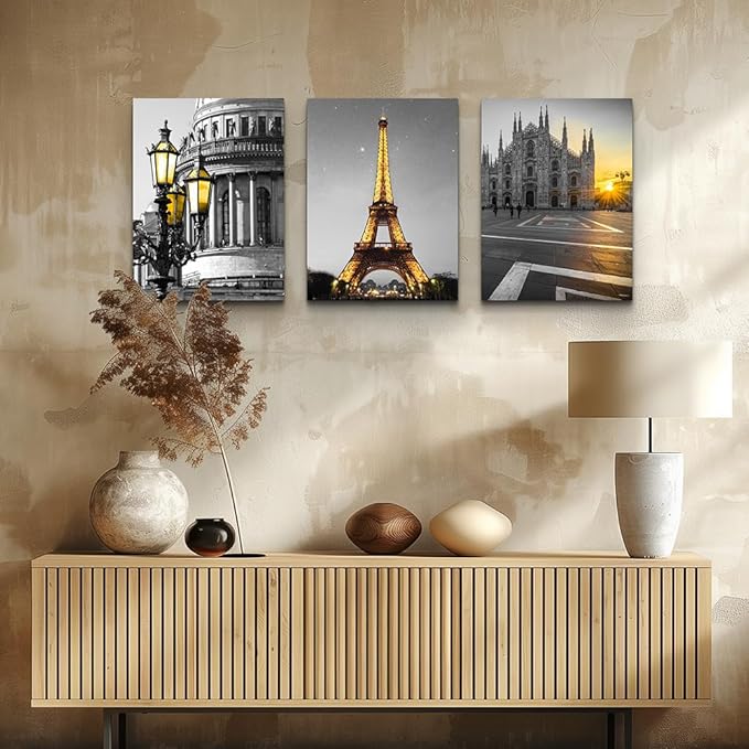 Black and white Architectural landscape Canvas Wall Art for Living Room kitchen Wall Artworks Bedroom Decoration, 3 Piece framed bathroom Home Wall decor posters Yellow Eiffel Tower wall painting
