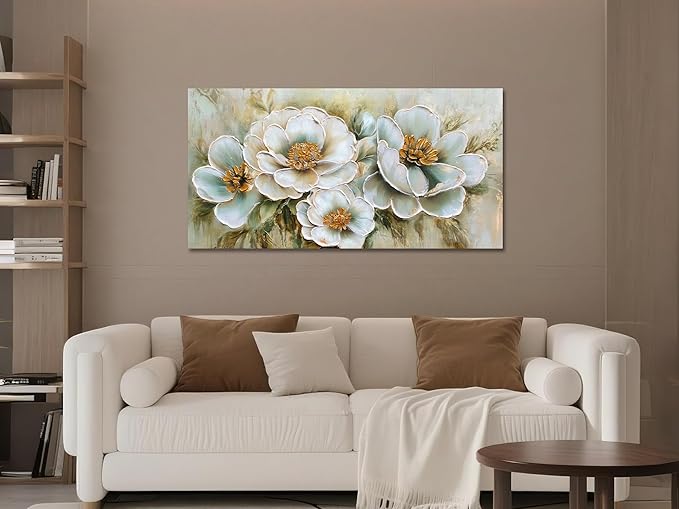 Arjun Vintage Wall Art Canvas Flower for Living Room, Rustic Floral Painting Bedroom, Teal Gold Textured Picture Framed Artwork Dining Room Kitchen Home Office Wall Decor 40"x20"