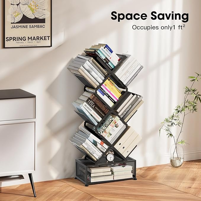 Metal 6 Tier Bookshelf, No Assembly Needed Foldable Bookcase with Storage Cabinet, Sturdy Standing Shelf for Bedroom Office Corner, Black