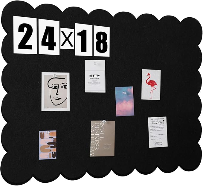 Scalloped Felt Bulletin Board 24 x 18 Inches Foldable Black Pin Cork Board Alternative for Wall, 2' x 1.5' Trifold Picture Vision Self Adhesive Bulletin Decorative