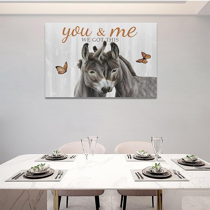 yerretin Farmhouse Donkey Wall Art Country Love Pictures Wall Decor Rustic Animal Canvas Painting Home Decoration Artwork for Bathroom Bedroom Living Room Office Framed 24"x16"