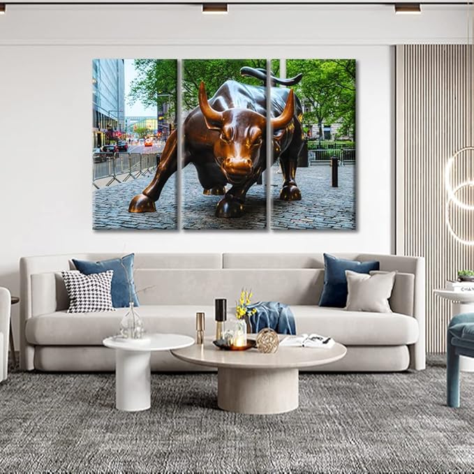 3 Piece Wall Art for Living Room Bedroom Modern Art Powerful Bronze Bull Picture Photography Giclee Print Stretched and Framed Canvas Print Gallery-Wrapped Ready to Hang - 60" Wx40 H