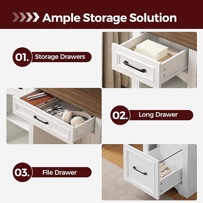 58" Executive Desk, Farmhouse Computer Desk with Drawers, Wooden Office Desk with File Cabinet, Charging Station, Monitor Stand, for Work and Study, White and Walnut CDBZ10E01