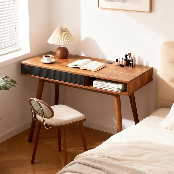 Artswish Mid Century Modern Office Desk with Drawer & Open Cubby, 42.5" Walnut Writing Desk with Cable Grommet, Solid Wood Legs, Simple Home Office Desk for Bedroom Study, Walnut