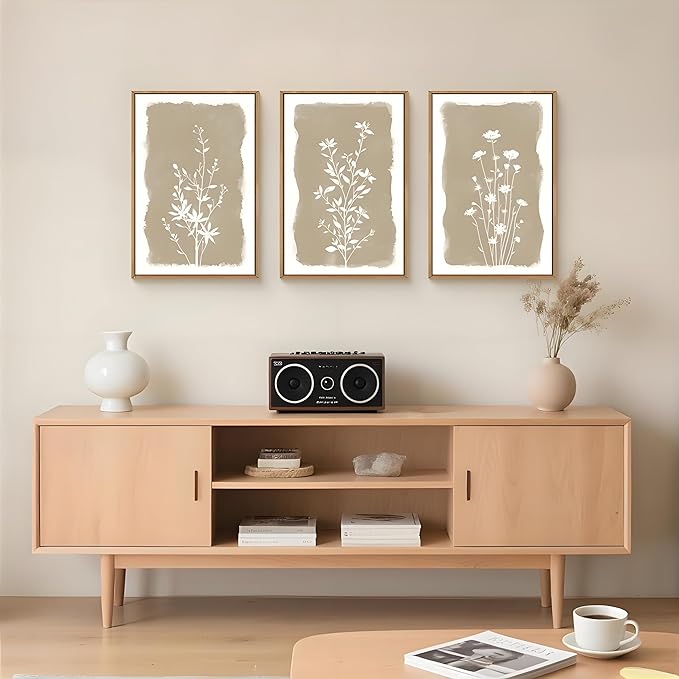 Large Netural Minimalist Wildflowers Framed Canvas Wall Art Set,Vintage Natural Floral Wall Decor,Modern Boho Beige Flower Botanical Artwork for Living Room,Bedroom,Office-16 x24 x3