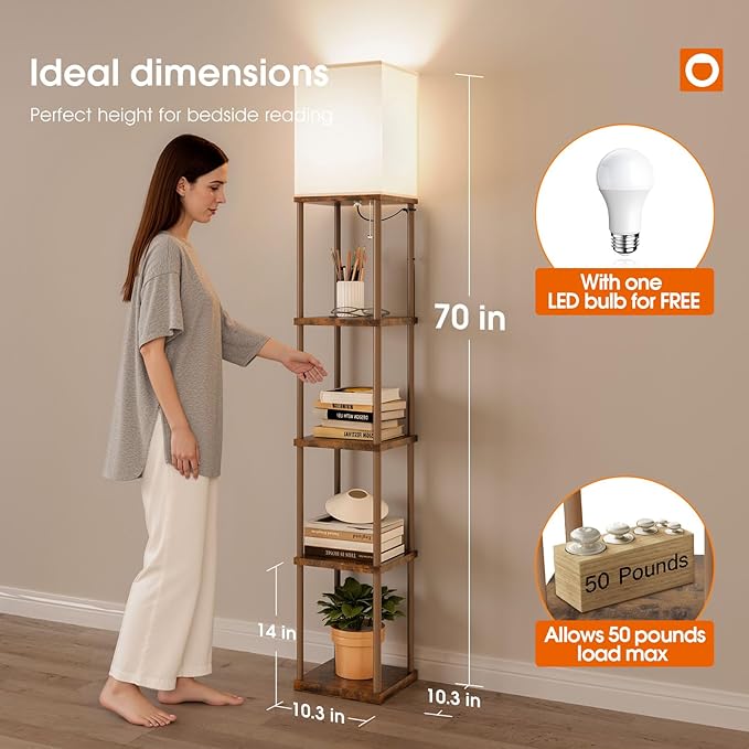 addlon 5-Tier Floor Lamp with Shelves, Standing Bookshelf Lamp with 3 Color Temperature, Corner Display Nightstand Lamp for Living Room, Bedroom and Office (70'' H, Brown)