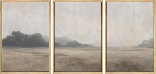 MUDECOR Framed Wall Art Print Set Serene MeadowTranquil Landscape with Foggy Fields and Distant Trees Illustrations Realism Decorative for Living Room, Bedroom, Office - 16"x24"x3 Natural