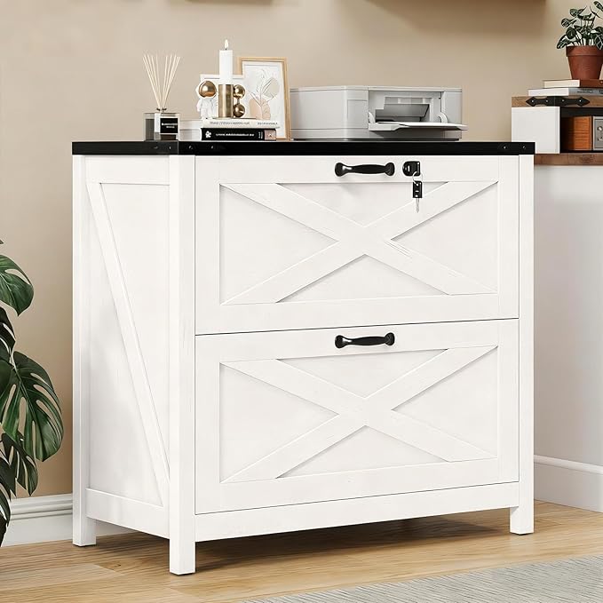 Farmhouse File Cabinet, Lateral Filing Cabinet with 2 Drawers with Lock for Letter/A4 Size Hanging Files, Large Wooden Printer Stand File Storage Cabinet for Home Office, White and Black
