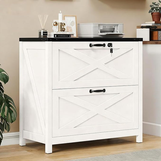 Farmhouse File Cabinet, Lateral Filing Cabinet with 2 Drawers with Lock for Letter/A4 Size Hanging Files, Large Wooden Printer Stand File Storage Cabinet for Home Office, White and Black