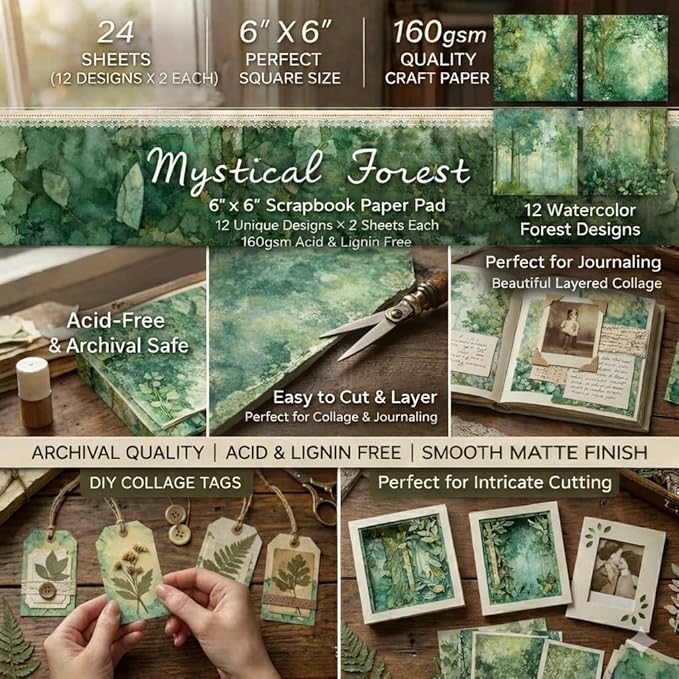 6x6 Scrapbook Paper Pad – Mystical Forest Botanical Green Designs, 24 Sheets (12 Designs x2), Single-Sided 160gsm Acid Free Cardstock for Card Making, Journaling & DIY Crafts