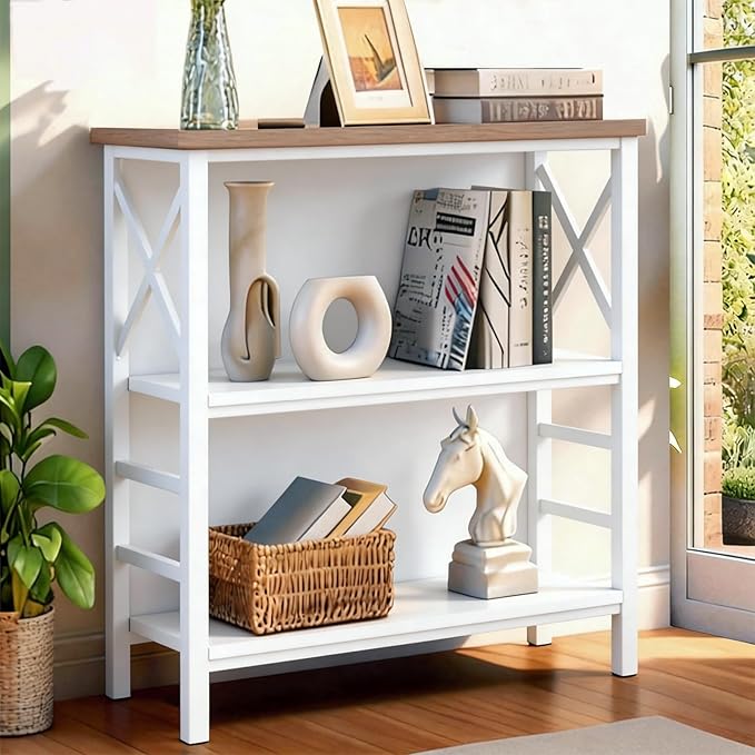 Book Shelf, Small 3-Tier Industrial Bookshelf with Strong Metal Frame & Backboard, 29.5" Short Bookcase for Small Spaces, Living Room, Bedroom and Home Office, White
