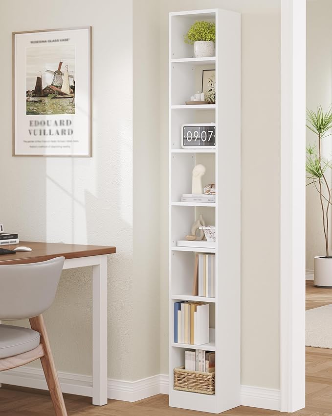 Bookcase, Tall Narrow Bookshelf, Open Display Storage Shelf, Skinny Cube Book Shelf with Adjustable Shelves, CD Rack for Living Room, Home Office 8-Tier(9.4 x 11.8 x 72 inch) White BC89603X
