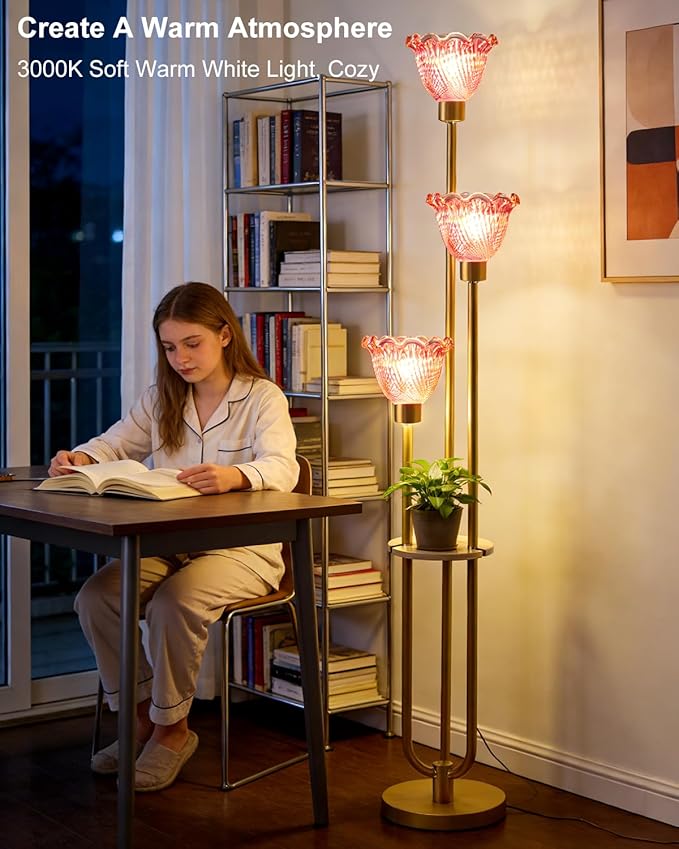 Lightdot Glass Floor Lamp for Living Room Dimmable Gold Floor Lamp with Rose Red Glass Shade & 3000K Bulbs Included 3-Lights Modern Tall Standing Lamp for Bedroom/Sofa Beside/Corner Decor