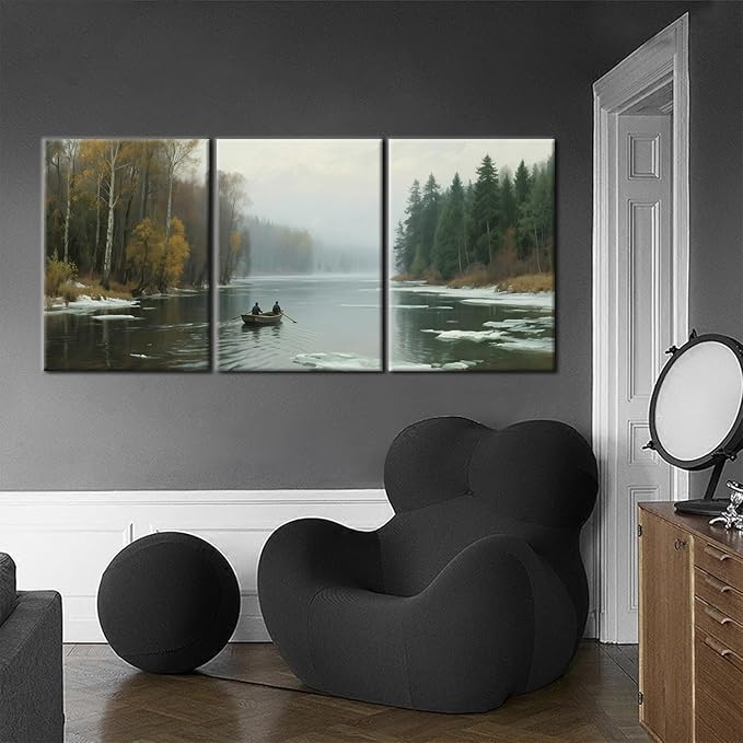 Nature and Forest Posters Print Wall Decor River Scenery Canvas Wall Art Mountain Landscape Modern Wooden Painting Artwork for Living Room Bedroom Hotel Artwork for Walls Ready to Hang [60''Wx28''H]