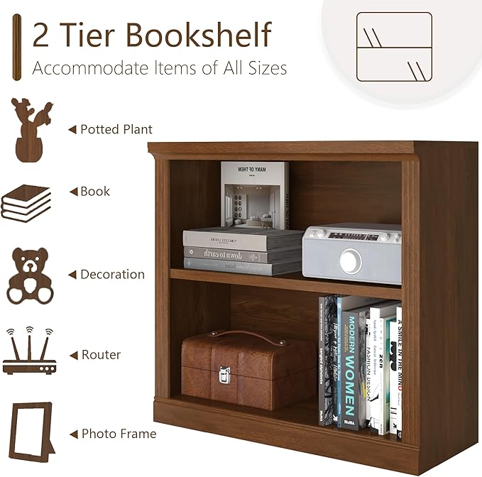 2-Tier Bookshelf Basic Book Case, Wooden Storage Shelves Rustic Bookshelf, Sturdy Display Cabinet for Living Room, Library, Office (Classic Oak, 2-Tier)