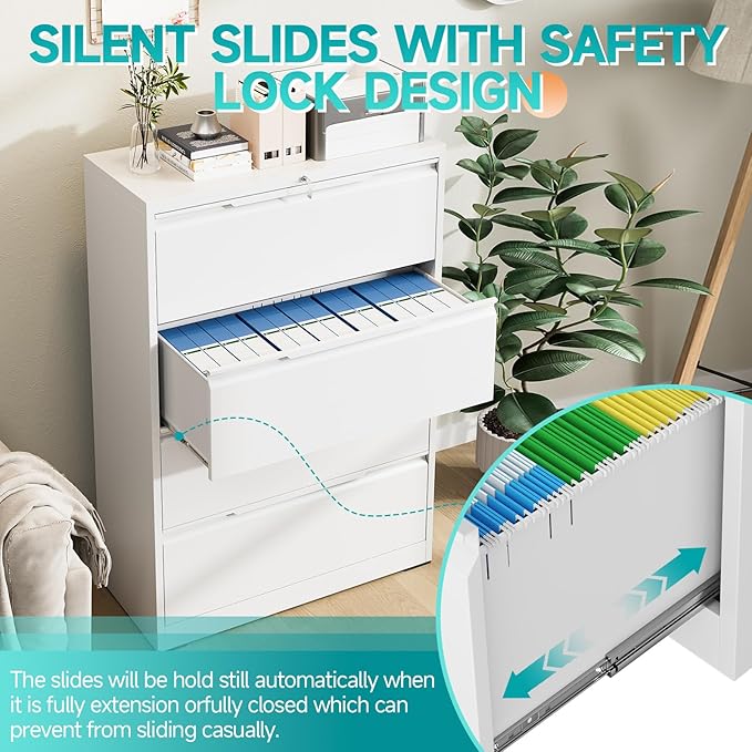 4 Drawer Lateral File Cabinet with Lock, Heavy-Duty Metal Filing Cabinet for Home Office, Steel Storage Compatible with Hanging Files Letter/Legal/F4/A4 Sizes (4 Drawer, White)