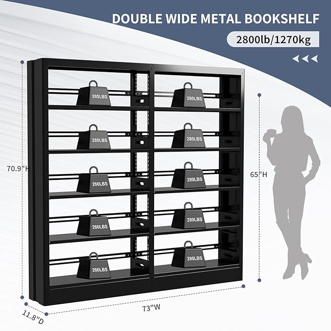 70.9" H Metal Bookshelf, Adjustable Bookcase, 5-Tier Heavy Duty Bookshelf with Bookend, Tall Bookshelves, Bookcase Shelf for Living Room, Office, Library,Classroom (Black-72.8W)