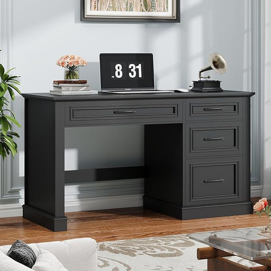 Farmhouse 47" Executive Desk, Computer Desk with Drawers and File Drawer, Workstation Computer Desk with Charging Station for Home Office, Study,Pure Black.