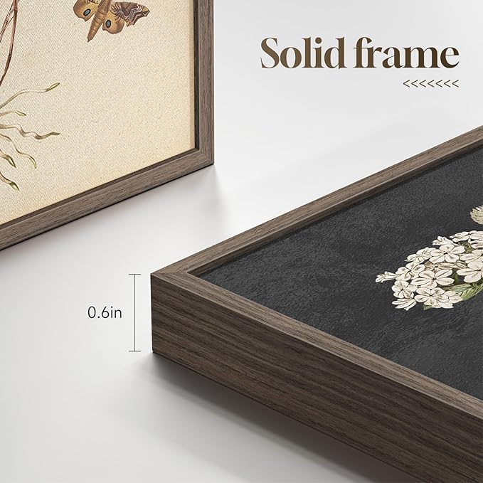 Framed Botanical Wall Art for Living Room, 4 Piece Rustic Floral Canvas Paintings Prints ArtWork for Walls, Vintage Flower Butterfly Pictures for Farmhouse Dining Room Hallway Bedroom Kitchen Bathroom Wall Decor