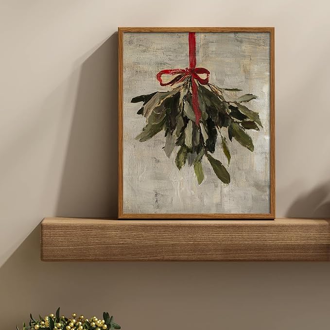 uniro Vintage Christmas Mistletoe Print Artwork Painting Winter Farmhouse Holiday Wall Decor for Bedroom, Living Room, Gallery, winter Room Decor, Holiday Decoration Gifts (8" x 10" - UNFRAMED)