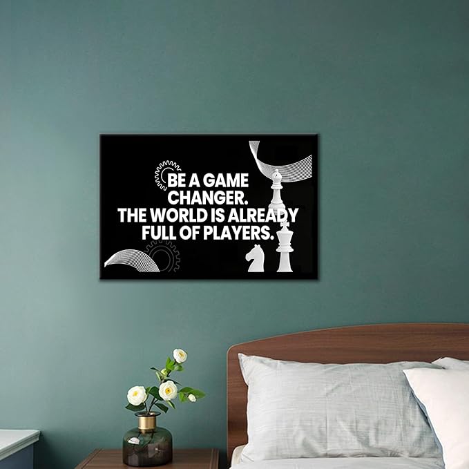 PSYYSP Motivational Wall Art For Office Inspirational Quotes Be A Game Changer Canvas Print Framed Chess Poster For Men Desk Decor Strategy Leadership Empowerment Small 12x18 Inch Artwork