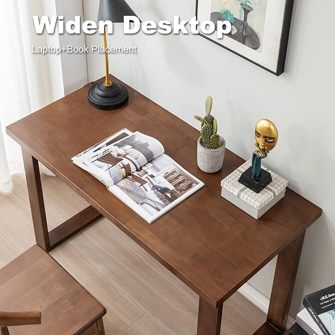 Solid Wood Desk, Wooden Computer Desk for Home Office, Gaming Study Desk for Small Spaces, Writing Work Desk for Bedroom,Easy Assembly (Walnut Color 47inch)