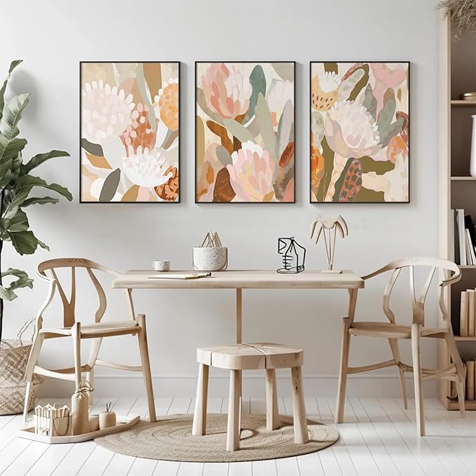 Abstract Flower Wall Art Boho Floral Wall Decor Modern Botanical Canvas Prints Neutral Banksia Flower Pictures Minimalist Floral Poster Painting for Bedroom Living Room 16x24 Inch Unframed Set of 3