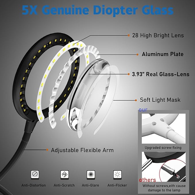 Magnifying Glass with Light and Stand, 5X Desk Magnifying Lamp, Table Magnifier Lamp for Senior Close Work Reading Crafts