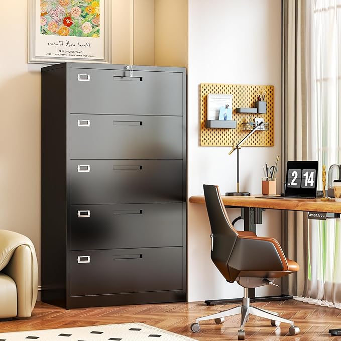 5 Drawer File Cabinet, Black Metal Lateral File Cabinet with Lock, Office Filing Cabinet for Legal/Letter/A4/F4 Size with Hanging Files, Lockable File Cabinets for Home Office