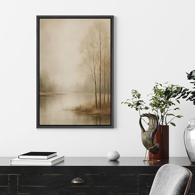 SIGNFORD Framed Canvas Print Wall Art Serene Foggy Lake Landscape with Bare Trees Illustrations Digital Art Modern Art Decorative Multicolor Rustic Minimal for Bedroom - 24"x36" BLACK