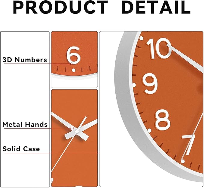 Wall Clock 10 Inch Silent Wall Clocks Battery Operated-Modern Non Ticking Analog Clock Decorative for Kitchen Bedroom Office Bathroom(Orange)