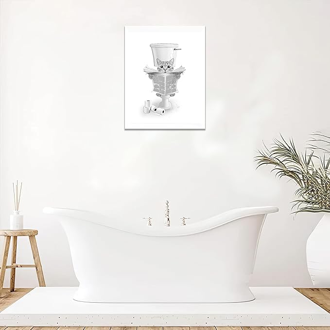 yerretin Funny Cat Bathroom Wall Art Black and White Cat Pictures Wall Decor Animal Bathroom Canvas Painting Modern Artwork Home Decorations Framed Ready to Hang 12"x16"