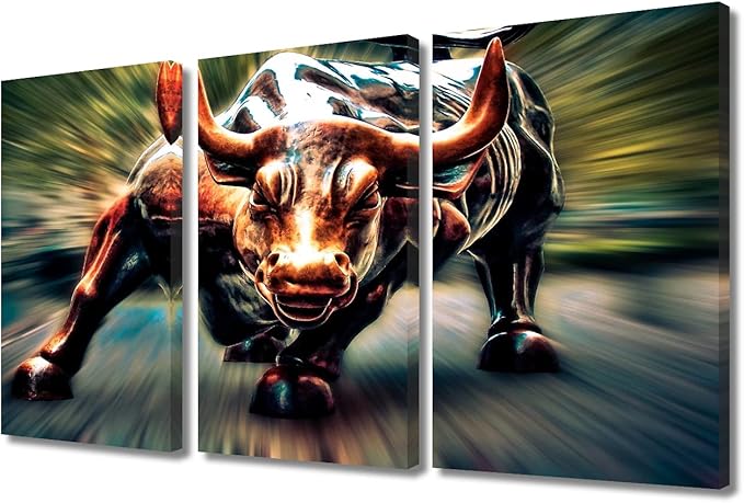 Wall Art for Living Room 3 Panel Courageous and Powerful Bull Painting on Canvas Prints Pictures for Living Room, Bedroom, Office With Wood Framed Stretched Ready to Hang - 36" Wx24 H