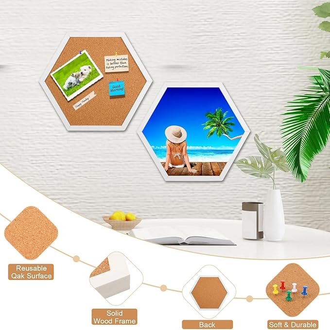 Treela 8 Packs Cork Bulletin Board with Frame, Decorative Linen Bulletin Cork Board Small Push Pin with 32 Push Pin 16 Clips for Office Welcome Back to School Wall Home Supplies(White,Hexagon)