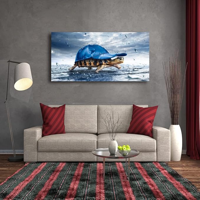 Haichuang Decor Art Funny Turtle Canvas Wall Art 40x20 Inches Framed Turtle with Blue Cap Wall Decor Wood Frame Waterproof HD Giclee Print Ready to Hang Humor Animal Artwork for Living Room Bedroom Bathroom