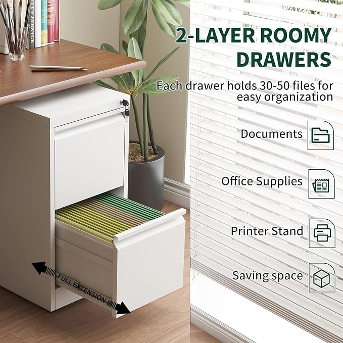 2 Drawer File Cabinet for Home Office, Vertical File Cabinet with Lock, Locking File Cabinet Hanging Files for A4/ Legal/Letter, Require Assembly, White