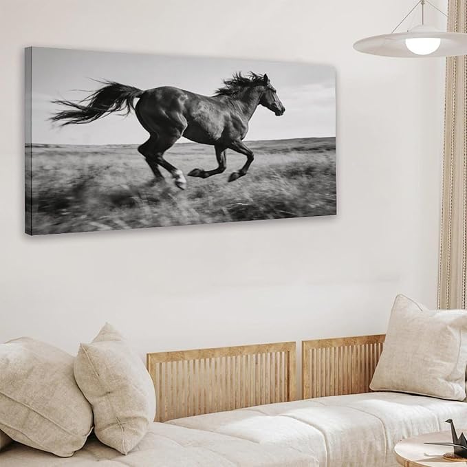 Black White Running Horse Framed Canvas Wall Art for Office, Animal Wall Decor 24" L x 12" W