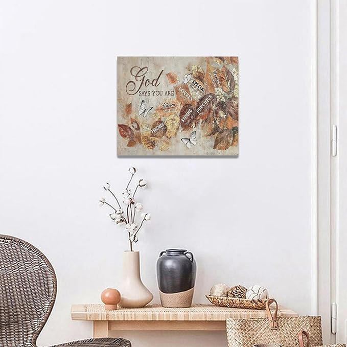 yerretin Fall Christian Leaves Wall Art Autumn Religious Pictures Wall Decor Rustic God Says Canvas Painting Modern Artwork Home Decoration for Living Room Bathroom Bedroom Office Framed 20"x16"