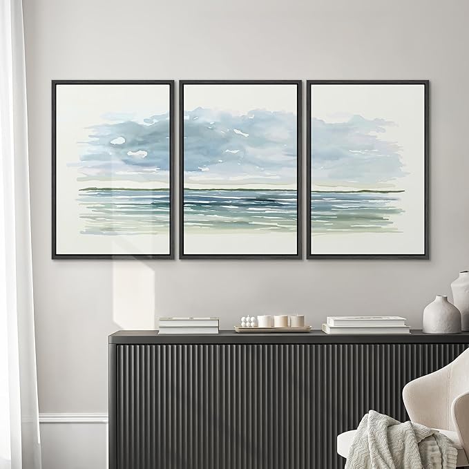 SIGNWIN Framed Canvas Print Wall Art Set Blue Watercolor Ocean Scene Coastal Beach Horizon Illustrations Modern Art Decorative Abstract for Living Room, Bedroom, Office - 24"x36"x3 Black
