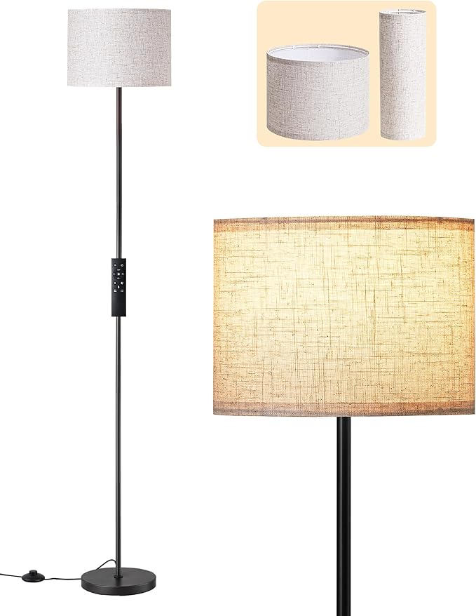 EDISHINE Dual Shades Floor Lamps for Living Room with Foot Switch, 63.7" Modern Standing Lamp with Remote Control, Stepless Dimmable Minimalist Lamps for Bedroom, Office, (9W Bulb Included), Black